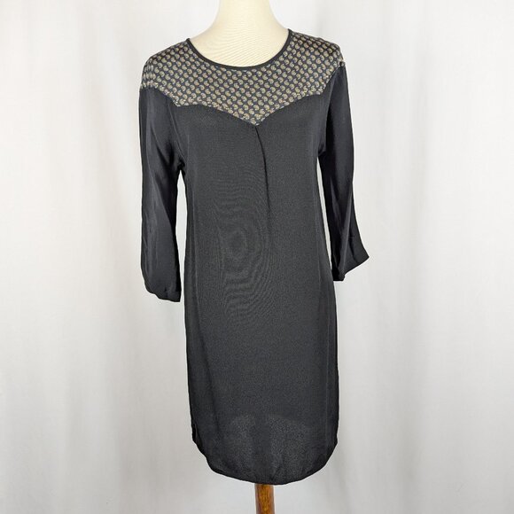 Sandro Black Dress Paisley Silk Yoke Long Sleeve Tulip Hem Size 1 Fr / 4 US - Picture 1 of 9